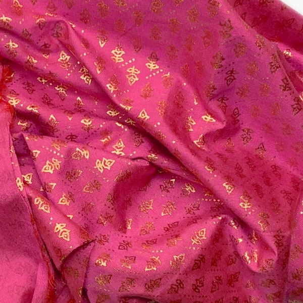 Pink Gold Metallic Foil  Georgette Fabric - Indian Decorative Textile - Sale by Fabric Size - Lightweight , Block Print Motifs all over