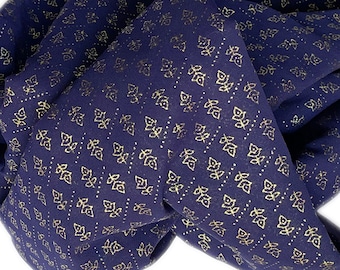 Navy Blue Gold Metallic Foil Sheer Georgette Fabric - Indian Decorative Textile - Sale by Fabric Size - Lightweight , Motifs all over