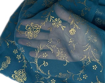 Yale Blue Gold Metallic Foil Sheer Georgette Fabric - Indian Decorative Textile - Sale by Fabric Size - Lightweight , Block Print Motifs