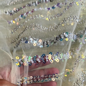 Glittery Lemon Yellow Tulle Sheer Fabric with Sequins, Beads, Silver Embroidery | Sale by Fabric Size - Mesh Lace for Dressmaking, Crafts