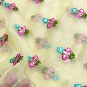 Pale / Light Lemon Yellow Embroidered Organza Fabric | Sale by Fabric Size| Decorative Indian Fabric -Colorful Floral Motifs on Sheer Fabric