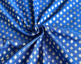 Cobalt Blue Brocade Silk Blend Fabric: Gold Floral Motifs, Indian Textile