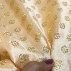Beige Weaved Brocade Silk Fabric - Colorful Indian Decorative Textile - Sale by Fabric Size - Indian Woven Sari Silk - Gold Motifs all over