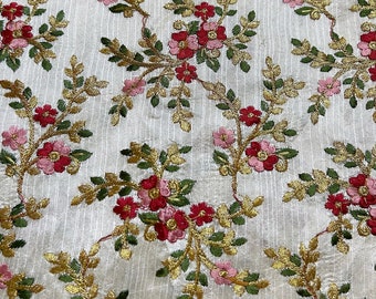 Tissu en soie indienne brodé lourd | Vente par taille de tissu | Tissus décoratifs en soie Dupioni | Broderie Zardosi dorée et colorée partout