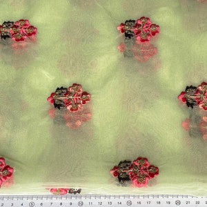 Mint Green Embroidered Organza Fabric | Sale by Fabric Size | Decorative Indian Fabric | Colorful Floral Motifs on Sheer Organza  Fabric