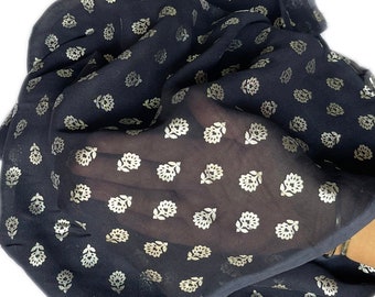 Dark Blue Metallic Foil Sheer Georgette Fabric - Indian Decorative Textile - Sale by Fabric Size - Lightweight Fabric , Motifs all over