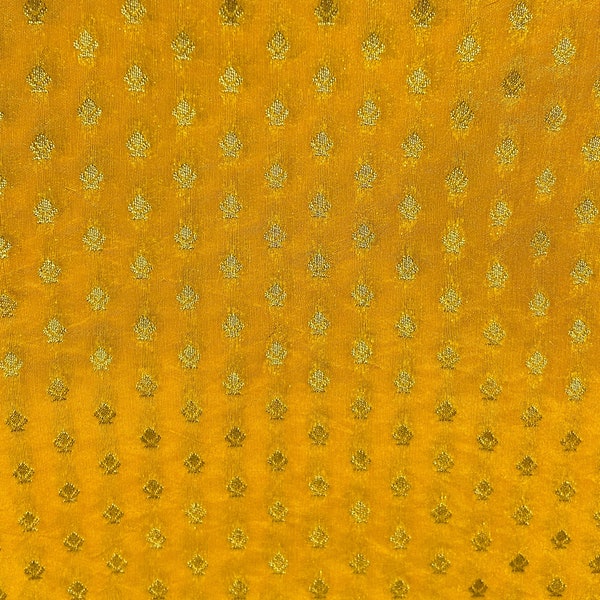 Bright Yellow Woven Brocade Silk Fabric - Decorative  Weaved Textile - Indian Brocade Silk Fabric - Sale by Fabric Size - Gold weaved motifs