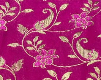 Magenta Pink Woven Indian Brocade Silk Fabric - Decorative Weaved Textile - Sale by Fabric Size - Gold Zari Weaved Floral - Pink Saree Silk