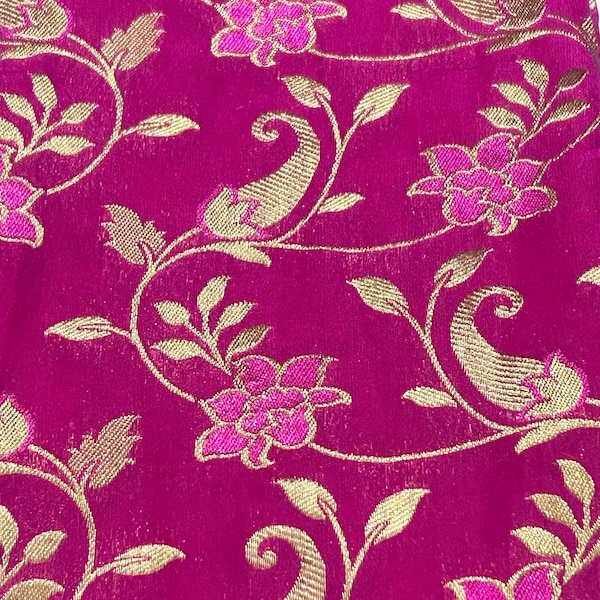 Magenta Pink Woven Indian Brocade Silk Fabric - Decorative Weaved Textile - Sale by Fabric Size - Gold Zari Weaved Floral - Pink Saree Silk