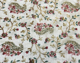 Tissu de soie indien épais brodé | Vente par dimension de tissu | Tissus décoratifs en soie Dupioni | Broderie Zardosi dorée et colorée partout