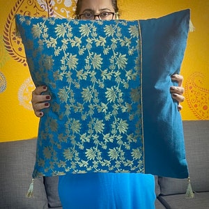 Bright Blue - Gold Indian Brocade Silk Pillow Cover | Decorative Pure Brocade Cushion Cover with Gold Tassels | Ethnic Home Décor- 18&quot; x 18&quot;