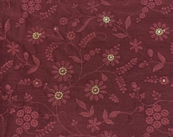Tissu brodé en soie marron | Vente par taille de tissu | Tissus Décoratifs | Broderie au fil sur tissu de soie | Broderie florale partout