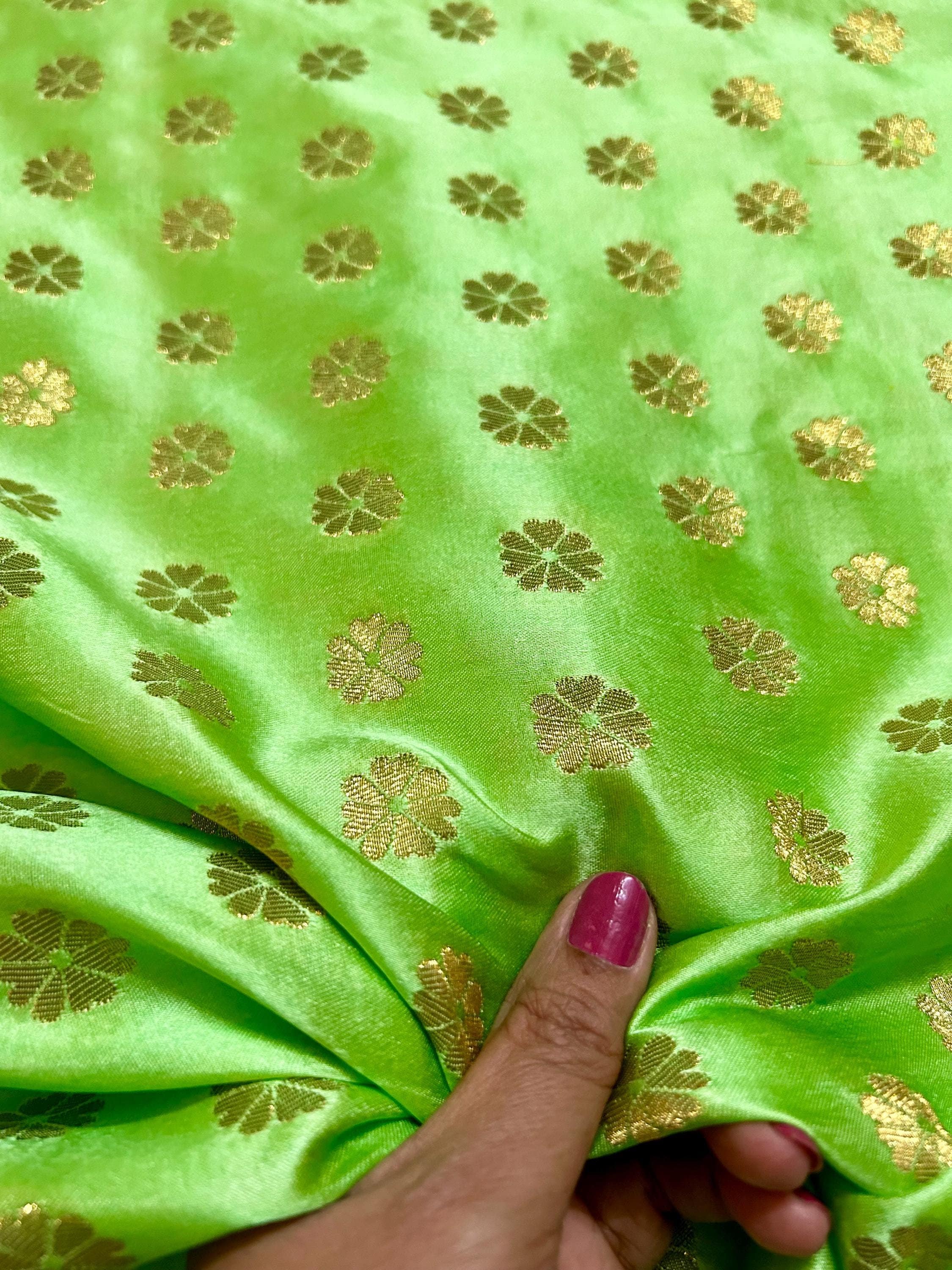 Lime Green Woven Indian Brocade Silk Fabric - Soft Shiny Decorative Silk Textiles - Sale by Fabric Size - Golden Floral Weave all over