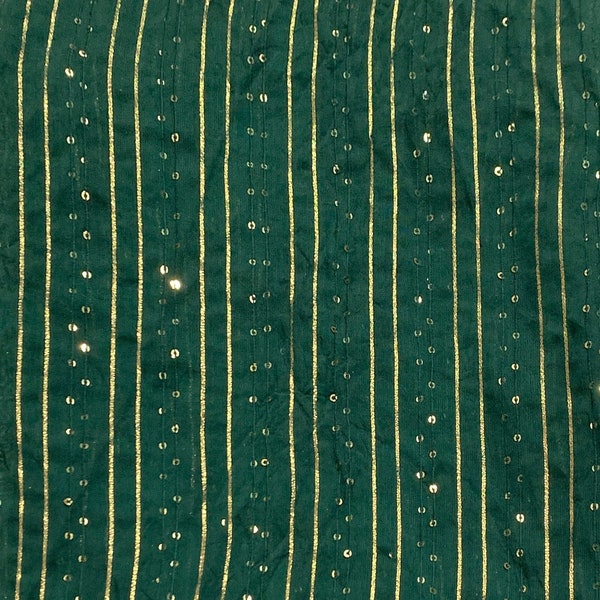 Bottle - Green Golden Stripes, Sequins Light Embroidered Indian Fabric | Sale by Fabric Size | Decorative Fabrics | Soft Cotton Blend Fabric