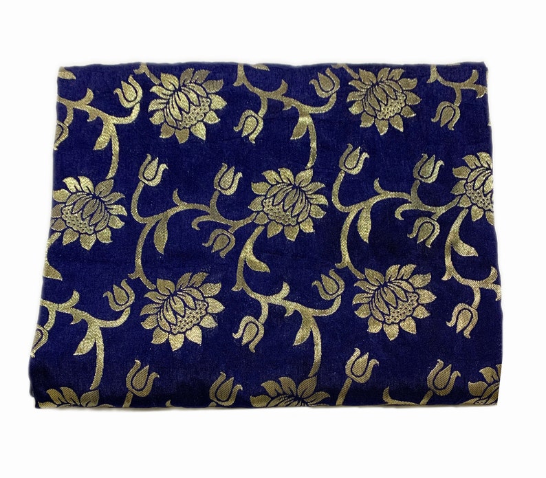 Dark Blue Sale by Half a Yard Sea Green Gold Woven Brocade Sari Silk Floral Gold Weaved Indian Brocade Silk Shiny Decorative Textiles