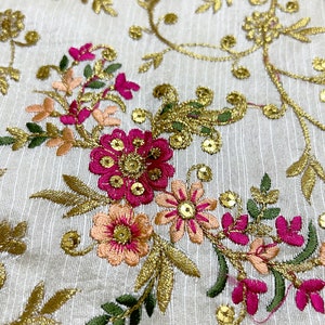 Heavy Embroidered Indian Silk Fabric | Sale by Fabric Size | Decorative Dupioni Silk Fabrics | Golden, Colorful Zardosi Embroidery  all over