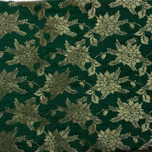 Bottle Green Woven Indian Brocade Silk Fabric - Soft Shiny Decorative Silk Textiles - Sale by Fabric Size - Golden Floral Weave all over
