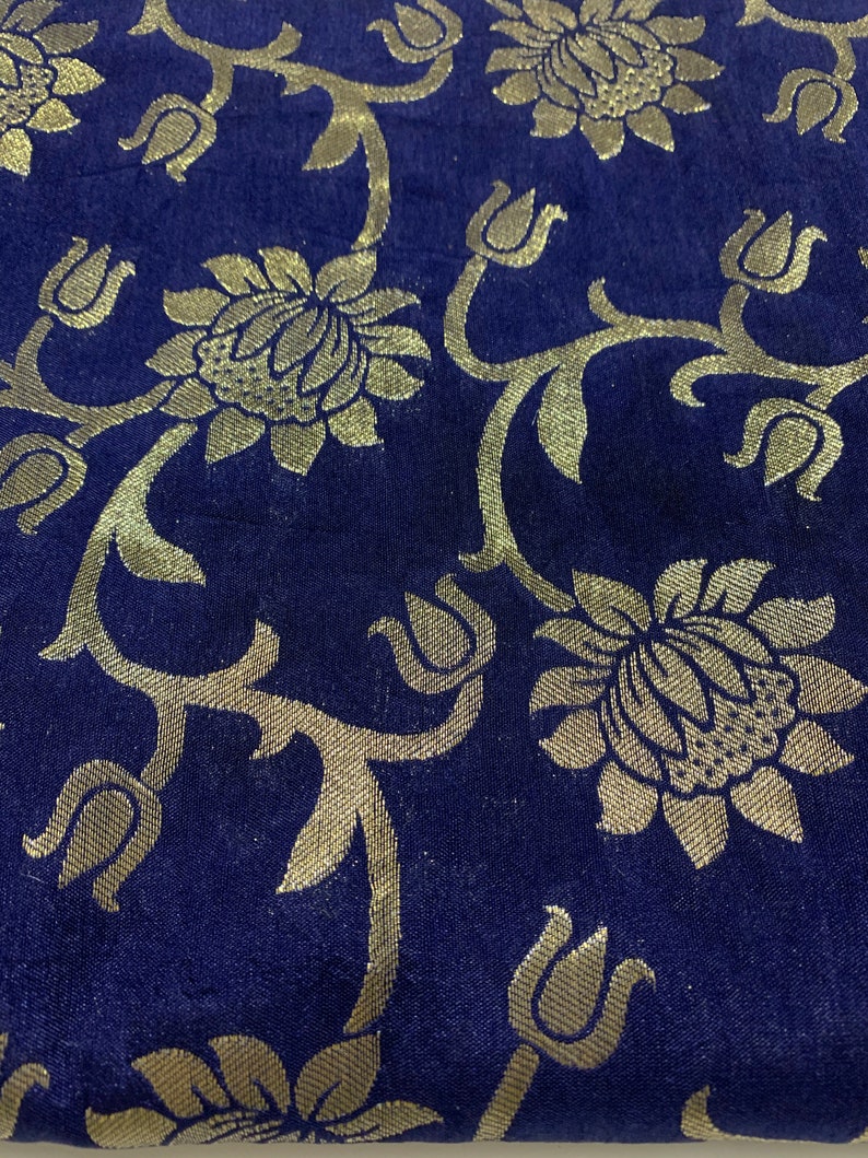 Dark Blue Sale by Half a Yard Sea Green Gold Woven Brocade Sari Silk Floral Gold Weaved Indian Brocade Silk Shiny Decorative Textiles