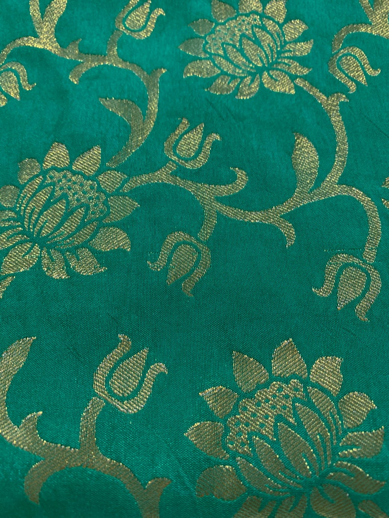 Dark Blue Sale by Half a Yard Sea Green Gold Woven Brocade Sari Silk Floral Gold Weaved Indian Brocade Silk Shiny Decorative Textiles