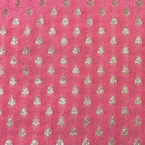 Peach Pink Gold Woven Brocade Silk Fabric - Colorful Decorative Textile - Sale by Fabric Size - Small Gold Motif -  Indian Weaved Sari Silk