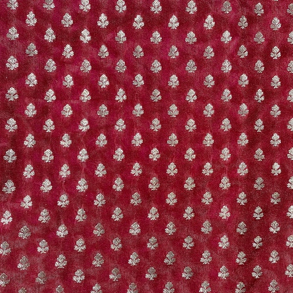 Reddish Maroon Woven Brocade Silk Fabric - Colorful Decorative Textile - Sale by Fabric Size - Floral Pattern - Gold Weaved Sari Silk