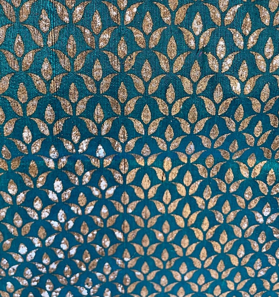Teal Blue Gold Metallic Foil Art Silk Fabric - Indian Decorative Textile - Sale by Fabric Size - Lightweight , Gold Block Print Motifs
