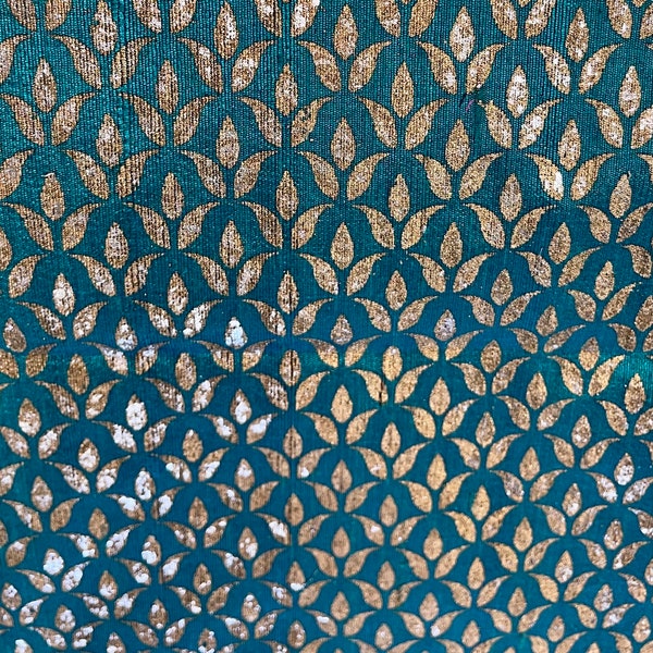 Teal Blue Gold Metallic Foil Art Silk Fabric - Indian Decorative Textile - Sale by Fabric Size - Lightweight , Gold Block Print Motifs