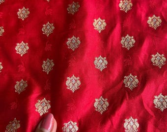 Red Woven Indian Brocade Silk Fabric - Colorful Decorative Textile - Sale by Fabric Size - Weaved Sari Silk - Gold Floral Motifs all over