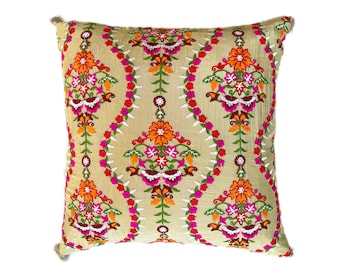 Bright Beautiful Embroidered Indian Silk Cushion Cover | Decorative Pure Silk Cover with Gold Tassels| Ethnic Stylish Home Décor - 18" x 18"