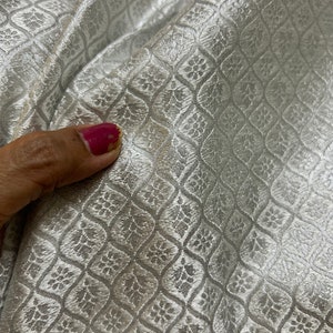Silver - White Weaved Brocade Silk Fabric - Indian Decorative Textile - Sale by Fabric Size - Woven Sari Silk - Small Shiny Motifs all over