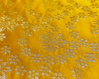 Tela de seda de brocado indio tejido amarillo brillante - Textil decorativo colorido - Venta por tamaño de tela - Seda de panal - Seda Sari tejida