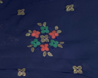 Dark Blue Embroidered Indian Sheer Georgette Fabric | Sale by Fabric Size | Decorative Colorful Sequined Floral Motif Embroidery all over