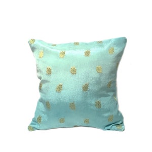 Sky Blue  Ombre Silk Throw Pillow  | Ring Pillow |  Decorative Handmade Cushion Cover - Gold  Paisley Weave - Saree Silk Pillow - Crepe Silk