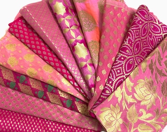 Pretty Pinks - Woven Indian Brocade Silk Fabric Scraps - Decorative Shiny textiles - Gold Weaved Pink Saree Silk Pieces - Different Patterns