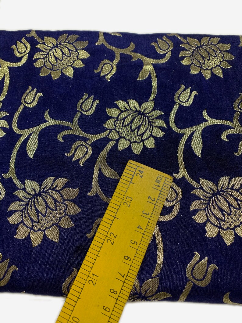 Dark Blue Sale by Half a Yard Sea Green Gold Woven Brocade Sari Silk Floral Gold Weaved Indian Brocade Silk Shiny Decorative Textiles