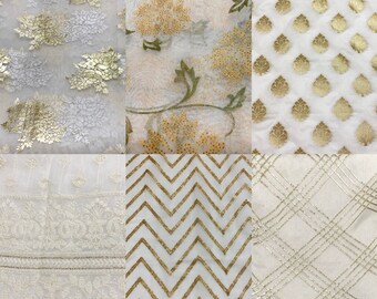 Bundle of 4 Fat Quarters of White & Ivory Indian Embroidered Fabrics - 18” x 22”- High Quality Fabrics - Set of 4 White/Ivory  Fat Quarters