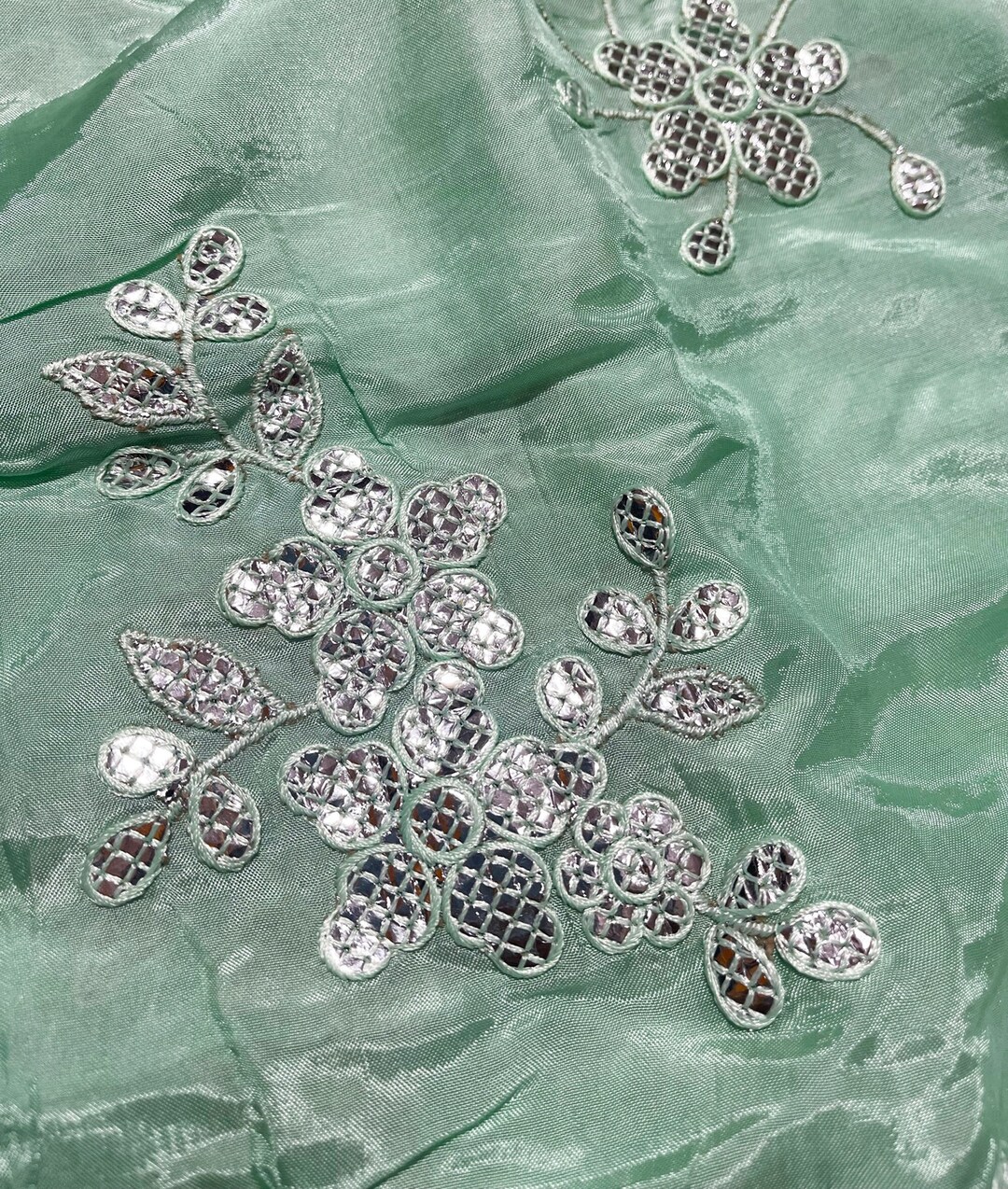 Sage Green Crepe Silk Embroidered Fabric Sale by Fabric Size Decorative