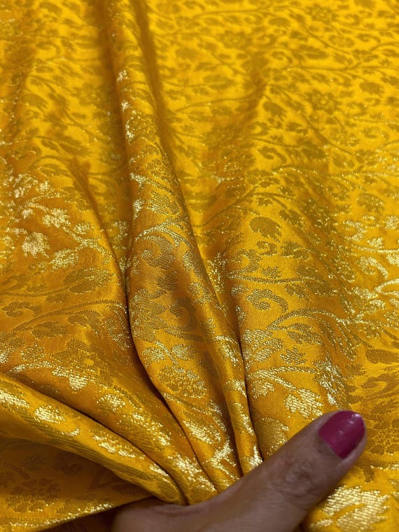 Shiny Yellow Gold Floral Woven Indian Brocade Silk Fabric - Colorful Decorative Gold Weaved Textile - Sale by Fabric Size - Weaved Sari Silk