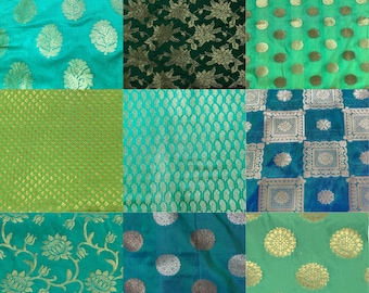 Bundle of 4 Fat Quarters of Green Indian Brocade Silk Fabric - 18” x 22” - High Quality Woven Silk Fabrics - Set of 4 Silk Fat Quarters