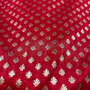 Reddish Maroon Woven Brocade Silk Fabric - Colorful Decorative Textile - Sale by Fabric Size - Floral Pattern - Gold Weaved Sari Silk