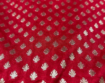 Reddish Maroon Woven Brocade Silk Fabric - Colorful Decorative Textile - Sale by Fabric Size - Floral Pattern - Gold Weaved Sari Silk