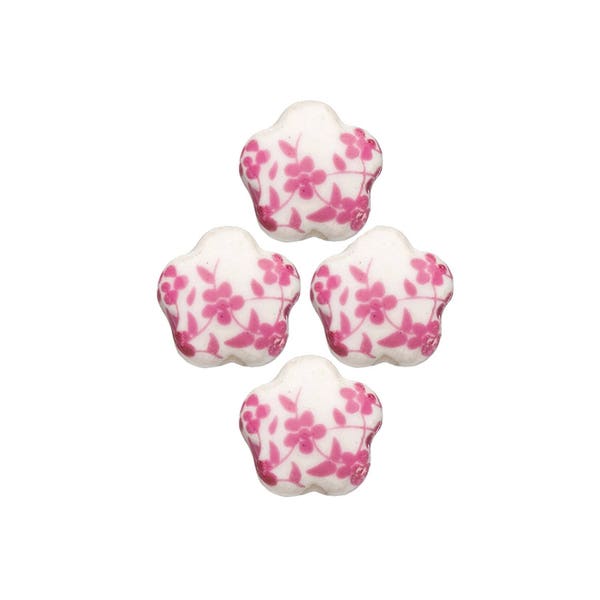 Floral Shaped Printed Pink - White Ceramic Beads, 2 Holes - Set of 6