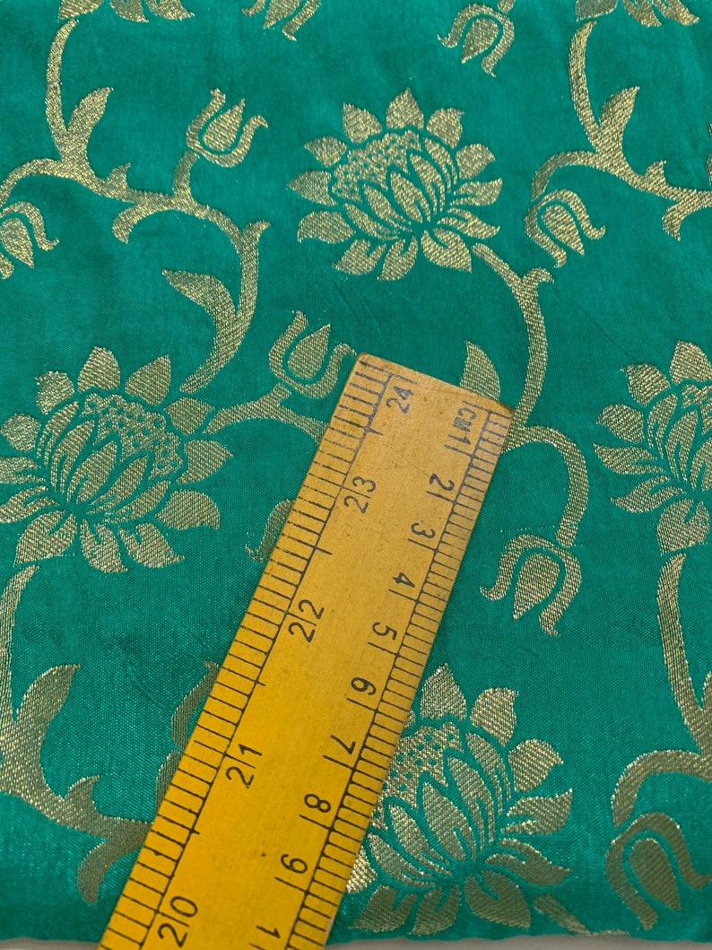Dark Blue Sale by Half a Yard Sea Green Gold Woven Brocade Sari Silk Floral Gold Weaved Indian Brocade Silk Shiny Decorative Textiles