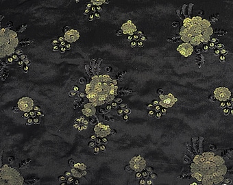 Black Crepe Silk Embroidered Fabric | Sale by Fabric Size | Decorative Lightweight Silk Fabric | Indian Embroidery - Sequins, Floral Motifs