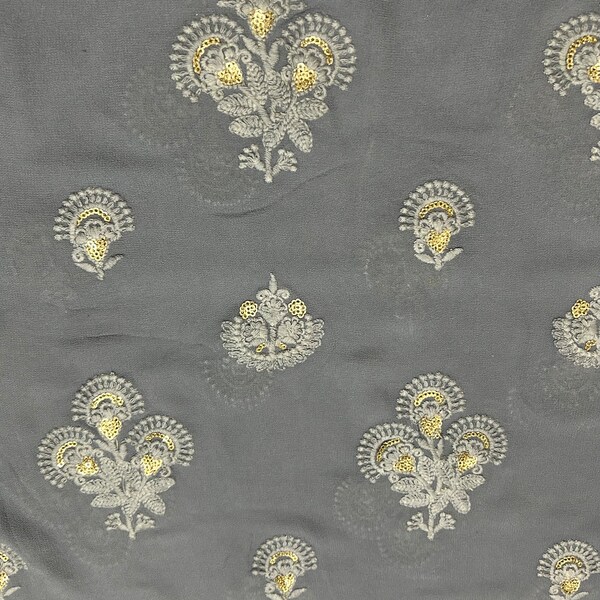 Grey Embroidered Indian Sheer Georgette Fabric | Sale by Fabric Size| Decorative, Lightweight Fabric -Gold, Sequins Floral Thread Embroidery