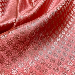 Rose Pink Woven Brocade Silk Fabric - Decorative Weaved Textile - Indian Brocade Silk - Sale by Fabric Size - Small Silver Motifs All Over