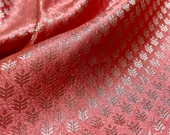 Rose Pink Woven Brocade Silk Fabric - Decorative Weaved Textile - Indian Brocade Silk - Sale by Fabric Size - Small Silver Motifs All Over