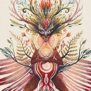 May include: A watercolor painting of a symmetrical, stylized figure with a human-like form. The figure is surrounded by intricate floral and feather-like patterns in shades of red, blue, green, and yellow. The figure has a crown of leaves and flowers, and its hands are clasped in front of its chest.