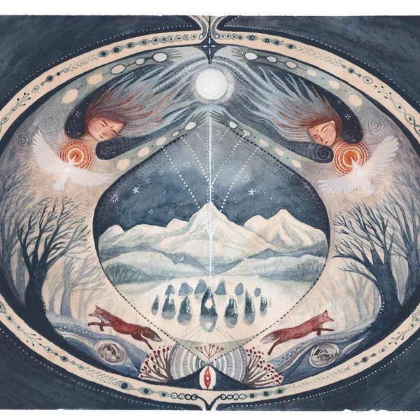 A4 Solstice Sisters Print - Winter Solstice, Stone Circle, Full Moon, Fox, Winter, Trees, Night-time, Fantasy Art, Visionary Art, Spiritual