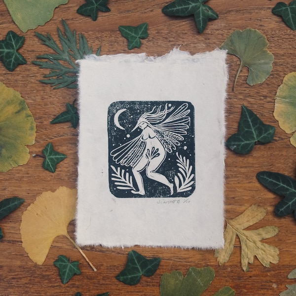 Winged One - Small Lino Print - Wild Woman - Bird Woman - A6 Print - Linocut